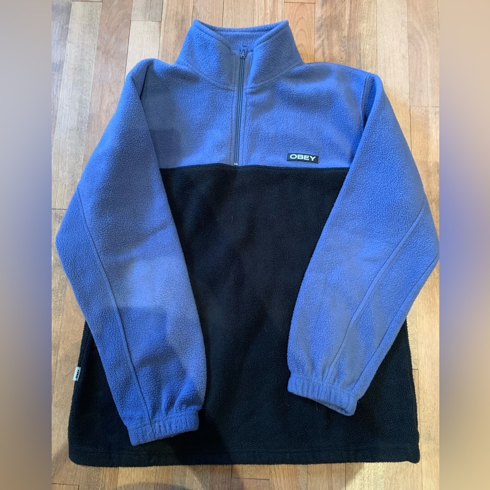 Obey Two-Tone Blue and Black Half-Zip Fleece Pullover